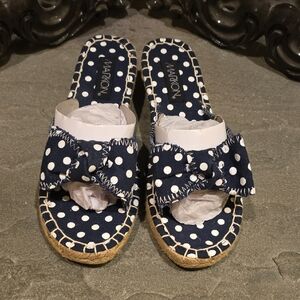 Markon Navy Polka Dot Slide Mules with Bow Accent